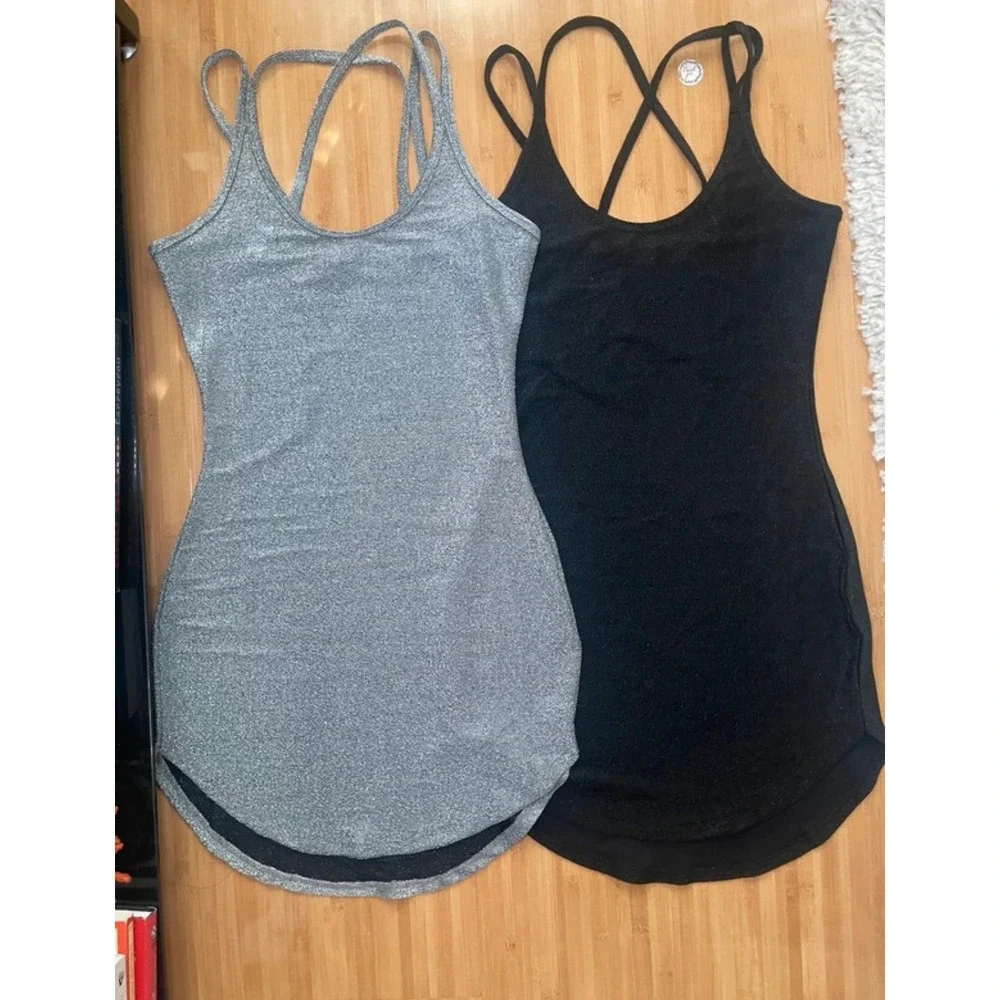 Set of 2 Metallic Shimmer Bodycon Mini Dresses Strappy Back Silver Black Womens